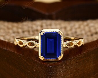 Emerald Cut Lab Sapphire Ring: Vintage 14K Yellow Gold Art Deco