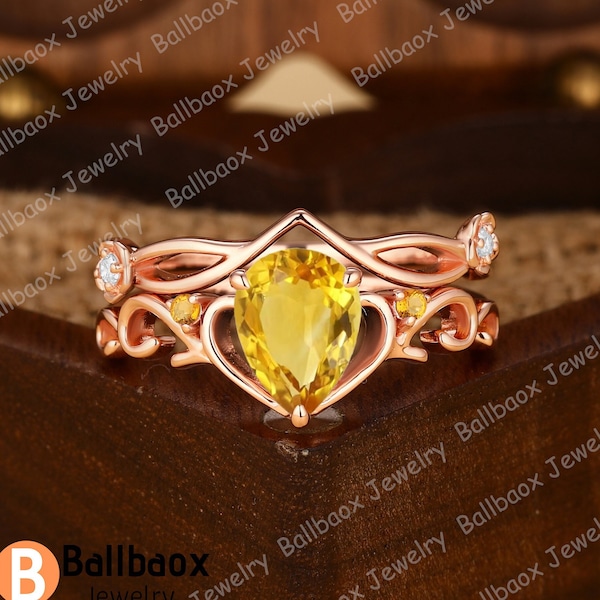 Pear Cut Natural Citrine Bridal Sets Moissanite Cluster Engagement Ring Sets Solid Gold Ring Wedding Band Anniversary Art Deco Handmade Ring