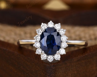 Oval Lab Created Sapphire 14k Solid Gold Engagement Rings For Women Blue Gemstone Ring Princess Diana Ring September Birthstone Promise Ring