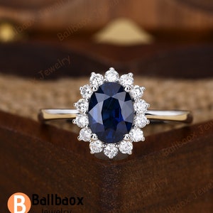 Oval Lab Created Sapphire 14k Solid Gold Engagement Rings For Women Blue Gemstone Ring Princess Diana Ring September Birthstone Promise Ring