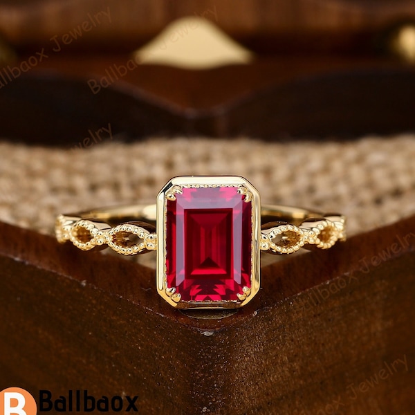 Emerald Cut Lab Red Ruby Rings For Women Vintage Solid 14K Yellow Gold Wedding Ring Art Deco Engagement Ring Anniversary Promise Ring