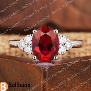 Oval shape red ruby engagement ring Solid white gold bridal ring Moissanite cluster ring Anniversary gifts for wife Promise handmade ring