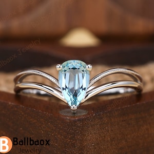 Pear Cut Natural Aquamarine Engagement Ring Unique Solid 14K/18K White Gold Promise Ring Minimalist Ring Anniversary Gift Rings For Women