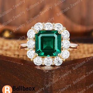 Vintage radiant cut emerald engagement ring Art deco ring Solid gold bridal ring Moissanite cluster ring Halo ring Anniversary Handmade ring