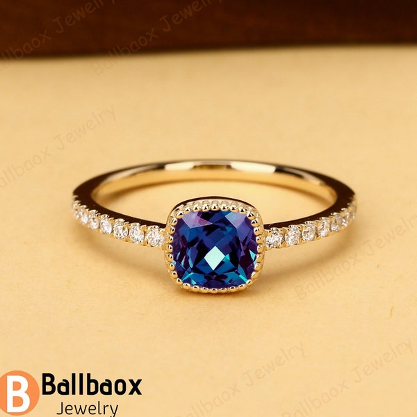 Cushion Cut Lab Alexandrite Engagement Ring Solid Gold Art Deco Ring For Women Bridal Ring Anniversary Gift For Her Mossianite Ring