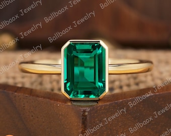 Emerald Cut Lab Green Emerald Engagement Ring, 14K Yellow Gold Solitaire