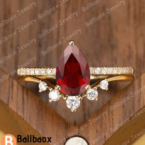 Pear Cut Lab Red Ruby Wedding Ring Bridal Set Vintage Solid 14K Yellow Gold Engagement Ring Set Art Deco Teardrop Ring Anniversary Gift
