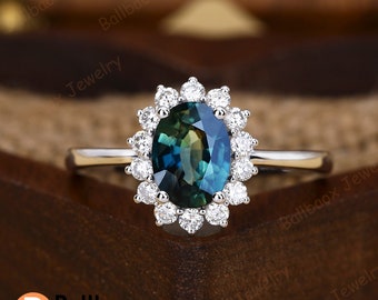Oval Cut Natural Teal Sapphire 14k Solid Gold Engagement Rings For Women Blue Gemstone Ring Unique Anniversary Band Starburst Ring