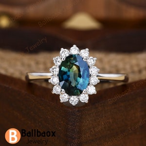 Oval Cut Natural Teal Sapphire 14k Solid Gold Engagement Rings For Women Blue Gemstone Ring Unique Anniversary Band Starburst Ring