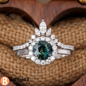 Round Cut 0.8ct Natural Teal Sapphire Wedding Ring Set Blue Green Sapphire Solid 14K Gold Engagement Bridal Ring Set Promise Ring for Women
