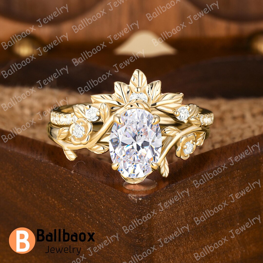 Oval Cut Moissanite Engagement Ring Set Vintage Solid 14k Gold Bridal ...