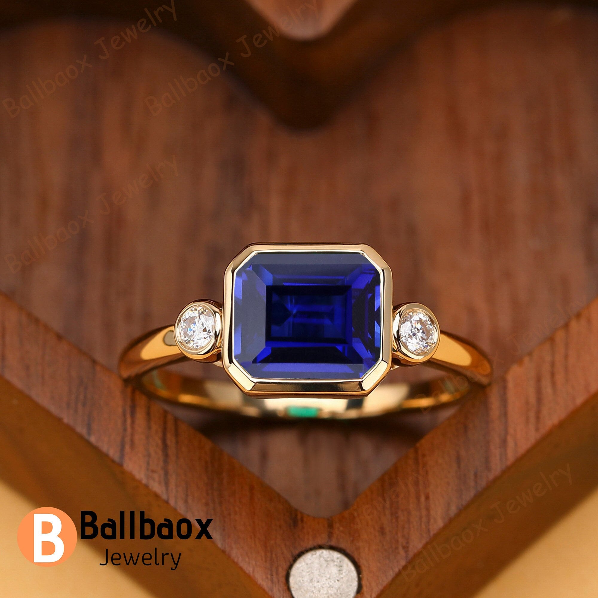 Emerald Cut Blue Sapphire Ring Solid 14K Yellow Gold Wedding Ring Blue Gemstone Anniversary Ring Three Stone Dainty Ring Handmade Ring