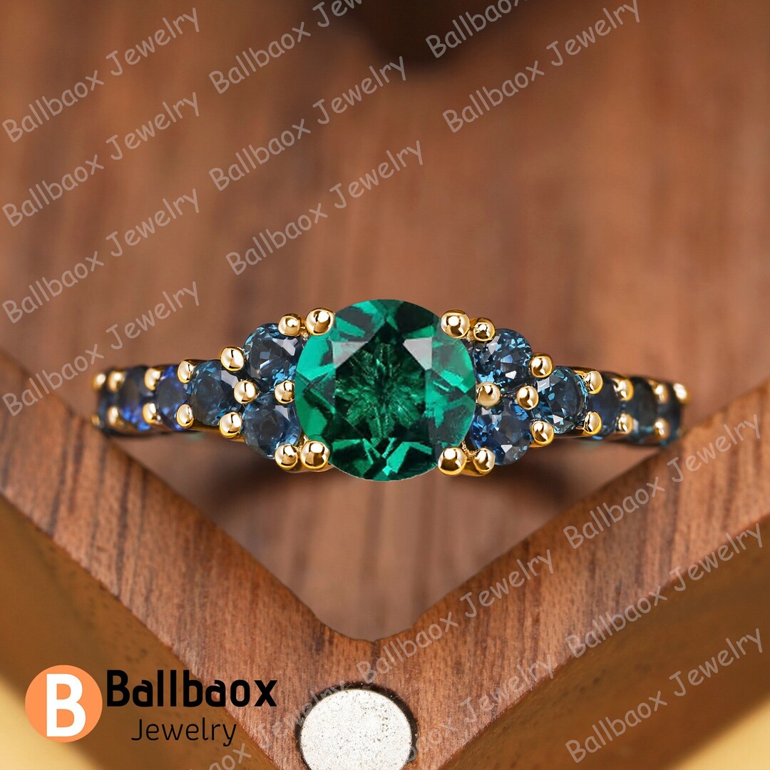 Round Cut Green Emerald Engagement Ring Natural Blue Topaz Ring Cluster ...