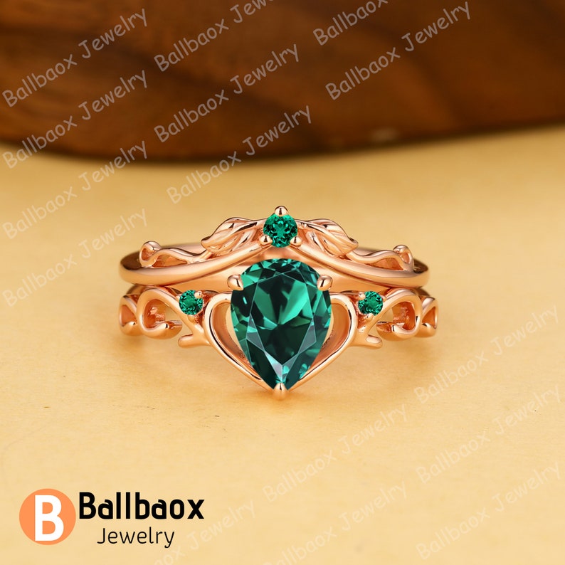 Forma de lágrima verde esmeralda conjunto nupcial conjunto de anillos de compromiso de oro rosa sólido establece regalo de aniversario alianza de boda de hoja inspirada en la naturaleza para la esposa imagen 5