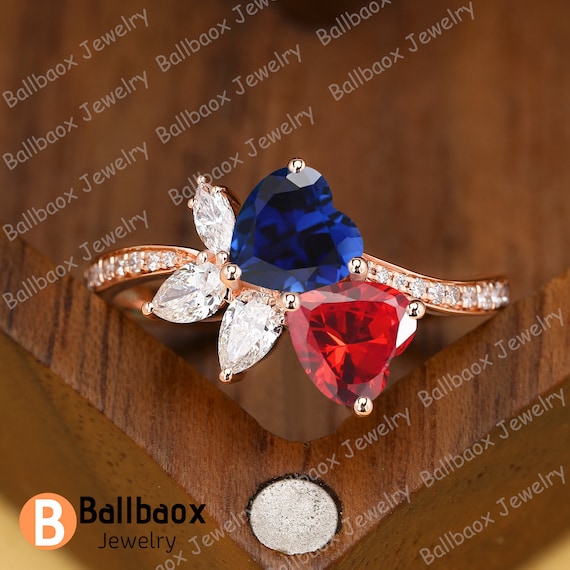 Heart Cut Red Ruby Blue Sapphire Engagement Ring Unique Two Stones Ring Anniversary Gifts for Her Promise Ring Wedding Leaf Design Ring Etsy