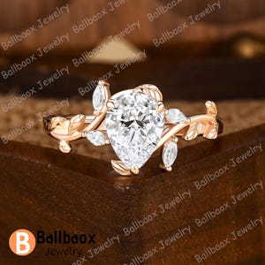 Pear cut moissanite engagement ring Nature inspired leaf ring Twig wedding ring Solid yellow gold bridal ring Anniversary gifts for wife