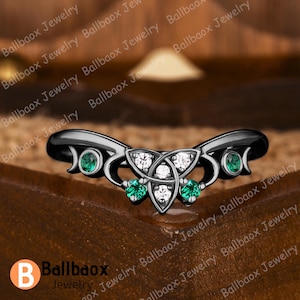 Green Emerald Wedding Band Solid Black Gold Ring Moissanite Stacking Ring Anniversary Gifts For Her Promise Ring Curved Band May Birthstone