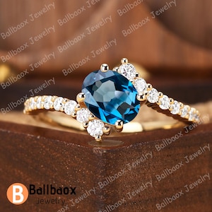 14K Solid Gelb Gold Ring Oval Cut natürlichen London Blau Topas Verlobung Brautring Jahrestag Geschenk Moissanit Ring Einzigartige zierliche Ring