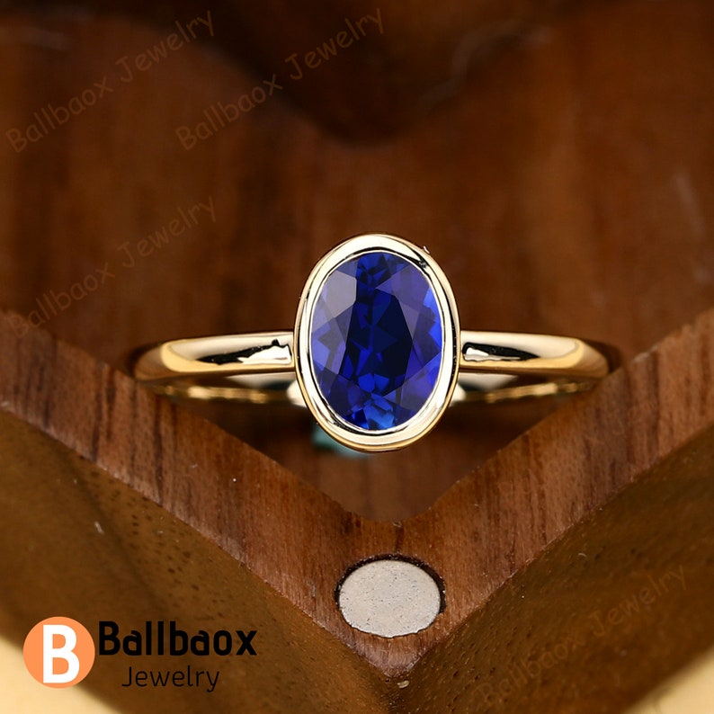 Oval Lab Created Sapphire Ring Solid Yellow Gold Minimalist Ring Blue ...