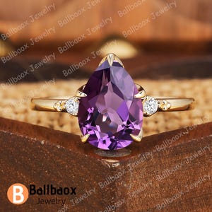 Natural amethyst engagement ring Pear shape purple gemstone ring Solid yellow gold Ring Diamond cluster ring Promise ring Anniversary gifts