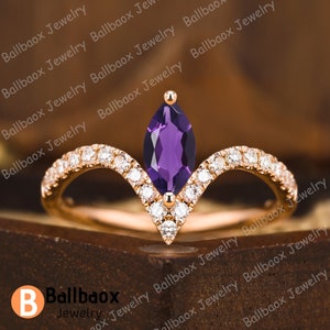 Marquise Cut Natural Amethyst Rose Gold Engagement Ring Moissanite Ring Anniversary Gifts Gemstone Ring For Women Promise Ring Wedding Band