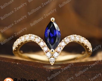 Anello Fidanzamento Zaffiro Blu Taglio Marquise – Argento 925 Placcato Oro Giallo 14k, Diamanti VVS1, Simulato - Foto 2