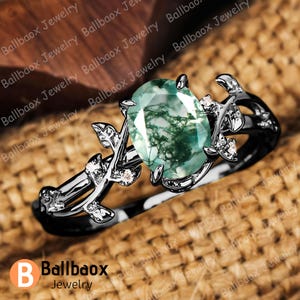 Moss Agate Engagement Ring, 925 Sterling Silver Leaf Twig Ring
