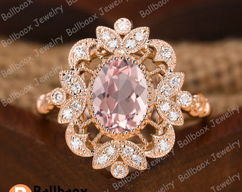 Oval Pink Morganite Engagement Ring, 18K Rose Gold Diamond Art Deco Ring