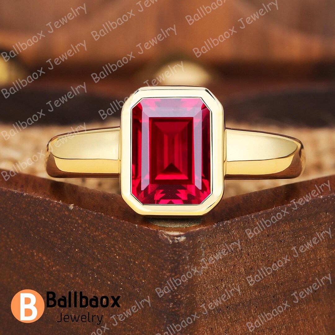 Emerald Shape Red Ruby Engagement Ring Solitaire Ring July Birthstone ...