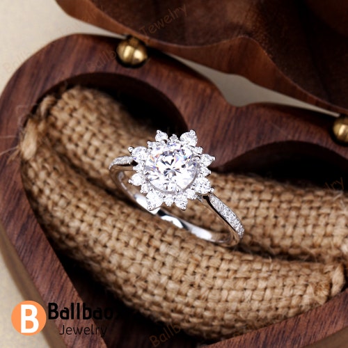 Round 1CT Moissanite Wedding Ring Solid White Gold Engagement Ring Halo Starburst Bridal Ring Promise Anniversary Gift For Her shops Proposal Ring