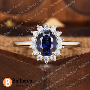 Oval Lab Created Sapphire 14k Solid Gold Engagement Rings For Women Blue Gemstone Ring Princess Diana Ring September Birthstone Promise Ring