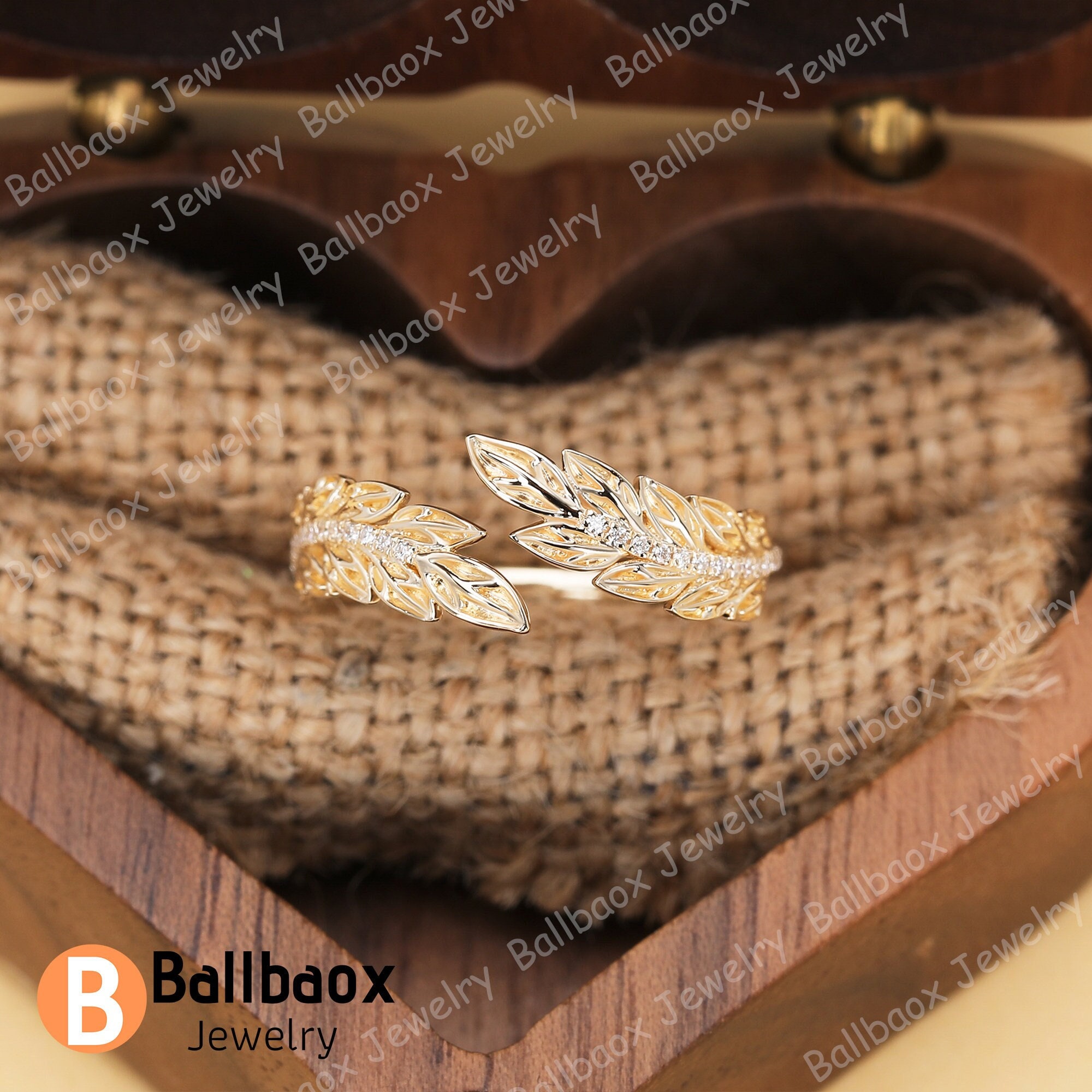 Natural Diamond Ring Solid 14K Yellow Gold Promise Ring Unique Nature Inspired Leaf Rings for Women Wedding Band Open Ring Anniversary Gifts