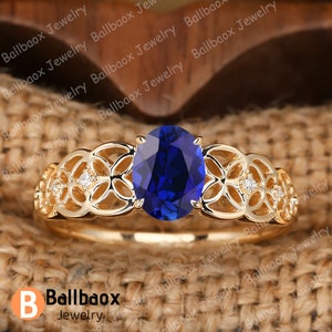 Oval Cut Lab Blue Sapphire Ring 14K Solid Gold Wedding Ring For Women Anniversary  Hollowed-out Design Ring Moissanite Ring Promise Ring
