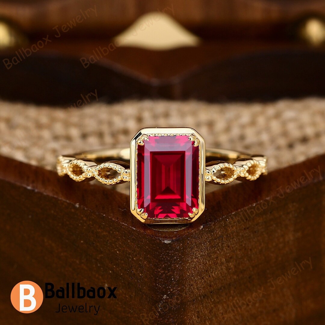 Emerald Cut Lab Red Ruby Rings for Women Vintage Solid 14K Yellow Gold
