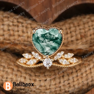 Heart Cut Natural Moss Agate Engagement Ring 14k Solid Yellow Gold Anniversary Gifts Wedding Ring Crown Ring Natural Inspired Leaf Twig Ring