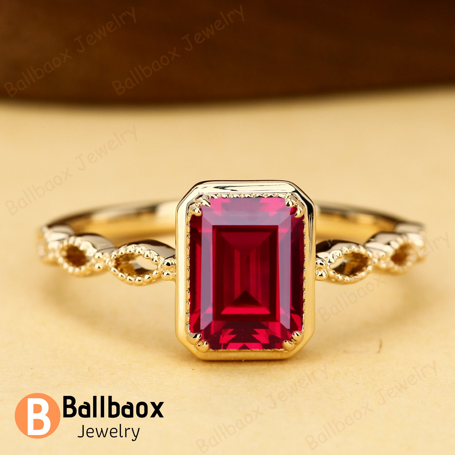 Emerald Cut Lab Red Ruby Rings for Women Vintage Solid 14K Yellow Gold ...