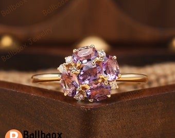 Heart Cut Natural Purple Crystal 14K Solid Gold Engagement Rings For Women Amethyst Gemstone Ring Unique Asymmetrical Anniversary Ring Gifts