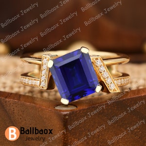 Emerald Cut Blue Sapphire Engagement Ring Unique 14k Solid Yellow Gold Ring for Her Gemstone Ring Anniversary Ring Personalized Ring