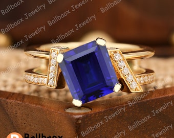 Emerald Cut Blue Sapphire Engagement Ring Unique 14k Solid Yellow Gold Ring for Her Gemstone Ring Anniversary Ring Personalized Ring