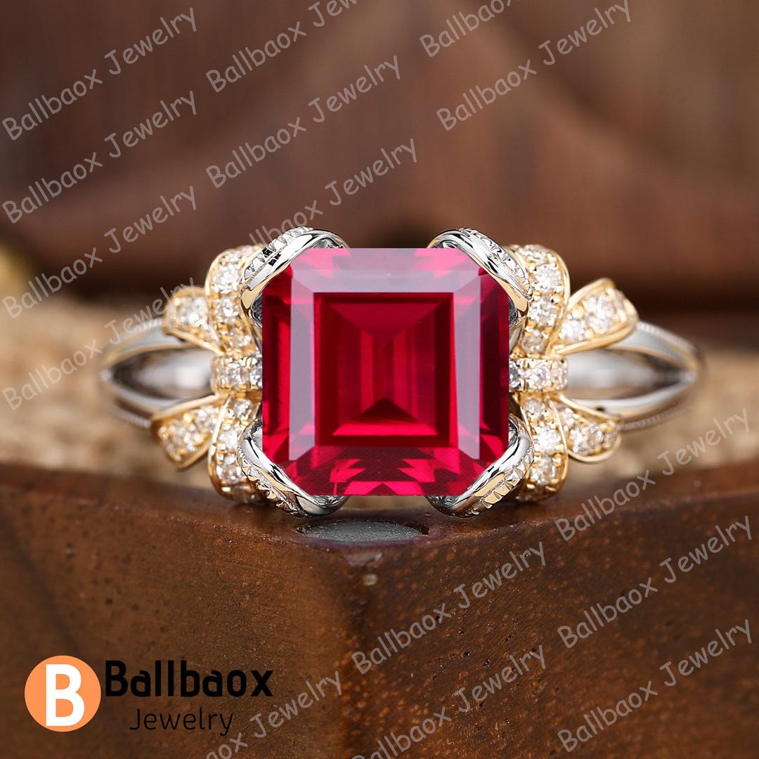 Asscher Cut Red Ruby Ring Solid 18K Gold Wedding Rings for Women ...