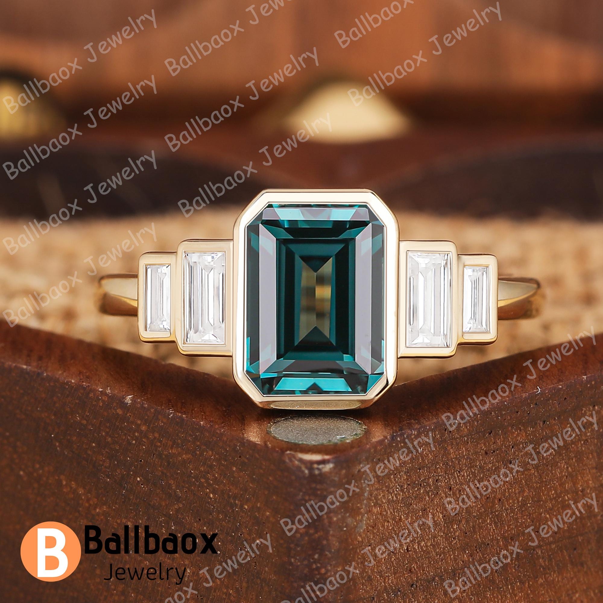 Vintage Emerald cut teal sapphire engagement ring Moissanite solid gold ring Anniversary gifts Art Deco Ring Handmade ring for women