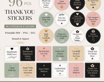 96 Printable Thank You Stickers | Round & Square Packaging Labels | Small Business Branding | Commercial Use | Instant Download