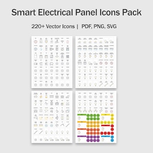 Puede incluir: Un paquete de iconos de paneles eléctricos inteligentes. La imagen muestra cuatro hojas rectangulares blancas llenas de varios iconos vectoriales, incluyendo bombillas, enchufes y otros símbolos eléctricos. El texto "Smart Electrical Panel Icons Pack" está en la parte superior.
