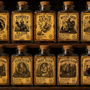 May include: A collection of ten apothecary-style glass bottles with cork stoppers, each labeled with a different potion name and illustration. The labels feature text such as "Morphing Potion" and "Zombie's Elixir" in a vintage style, with detailed drawings.