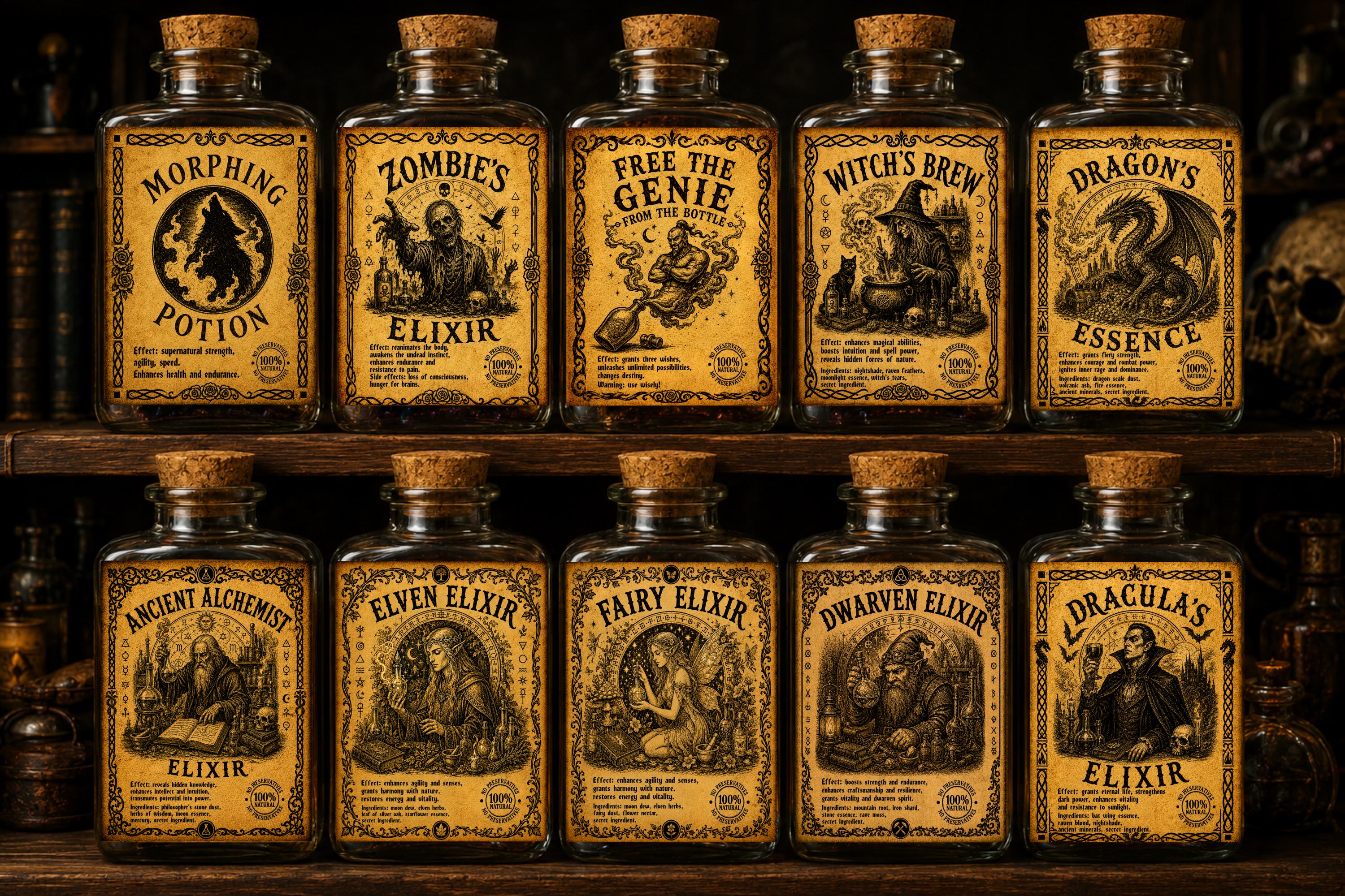Elixir Brew Sticker Vintage Potion Labels Printable Set | Halloween Bottle Labels | Gothic ...