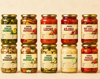 10 Printable Canning Labels Bundle | Vintage Pickling Labels Set | Homemade Pickled Vegetables Jar Labels | Pickles, Sauerkraut