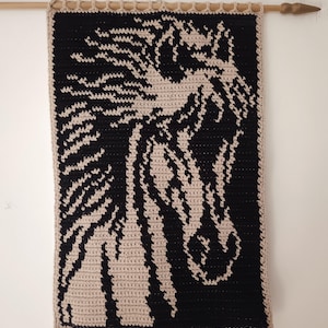May include: A black and tan crochet wall hanging featuring a horse's head. The horse is depicted in a pixelated style, with a tan mane and face against a black background. The piece is rectangular and hangs from a wooden dowel.