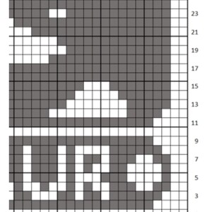May include: A pixelated graphic with the letters "UR" in white against a gray background. The image is a grid, likely a pattern or design for crafts like cross-stitch or pixel art. The grid is numbered along the edges.