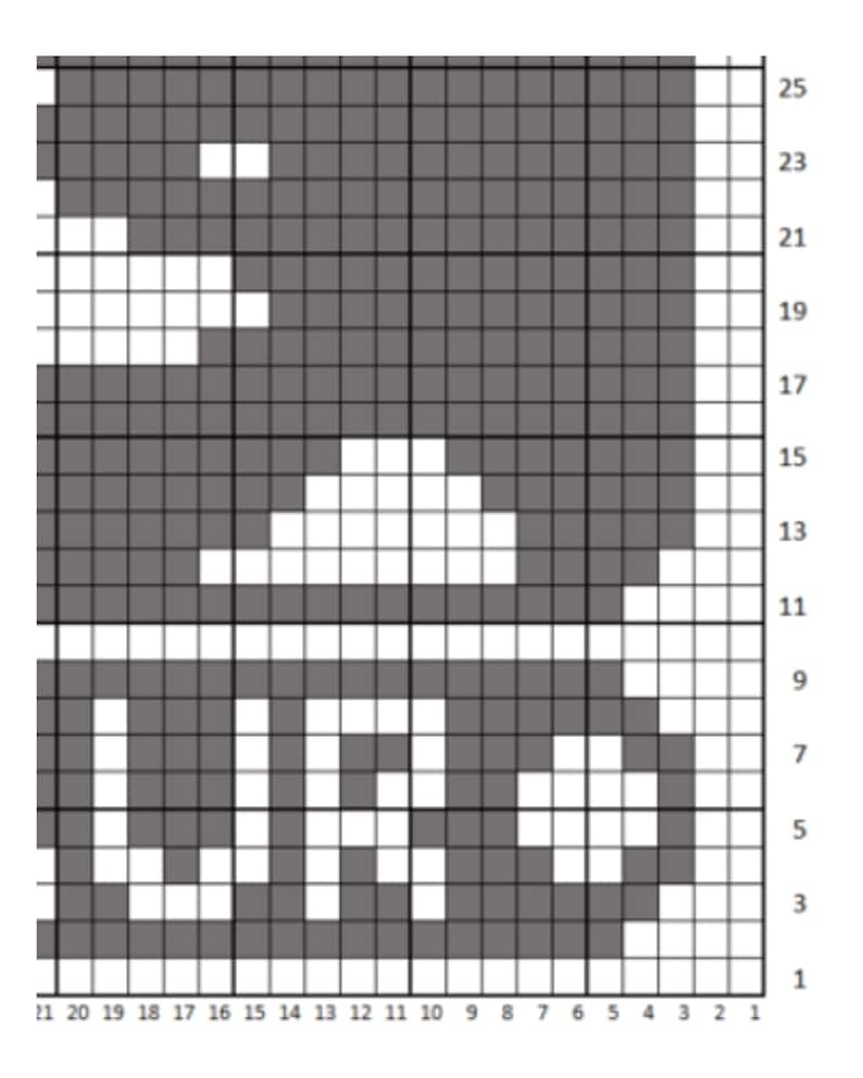 May include: A pixelated graphic with the letters "UR" in white against a gray background. The image is a grid, likely a pattern or design for crafts like cross-stitch or pixel art. The grid is numbered along the edges.