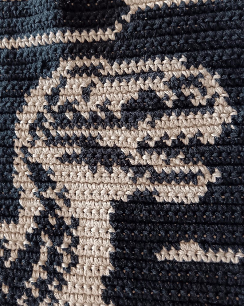 May include: Close-up of a crocheted textile with a repeating pattern. The design features a combination of navy blue and beige yarn, creating a textured surface. The stitches are tightly woven, showcasing the craftsmanship of the piece.